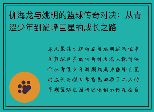 柳海龙与姚明的篮球传奇对决：从青涩少年到巅峰巨星的成长之路